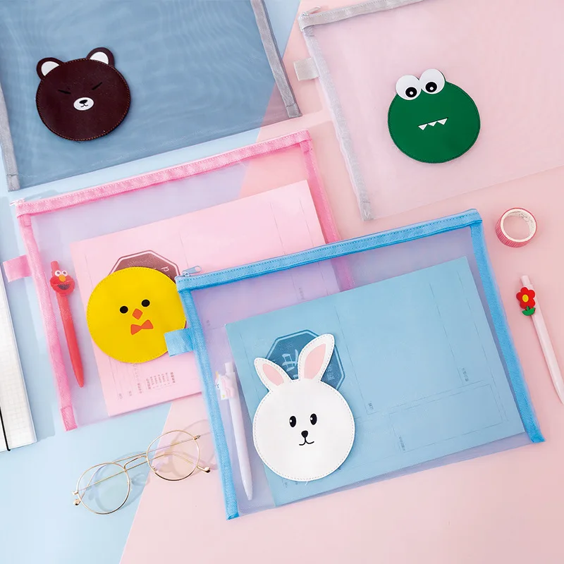 Q A4 Transparent mesh file pouch Multifunctional office file folder Student cartoon zipper pen pouch