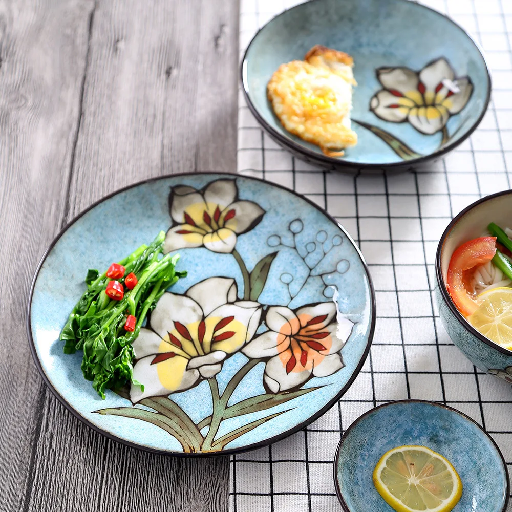 Набор посуды ручной росписи в японском и корейском стиле, домашняя керамическая миска для риса, тарелка для еды с рыбой, керамическая посуда