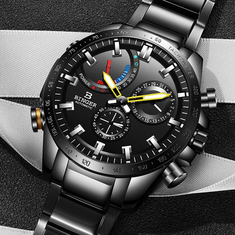 
BINGER Brand Men automatic mechanical Luminous waterproof running full steel Genuine Luxury Wristwatch 