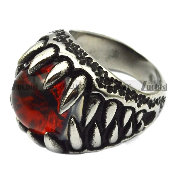 Customization Unique Design Denttooth Toothed Big red ruby Rhinestone Stone Ring