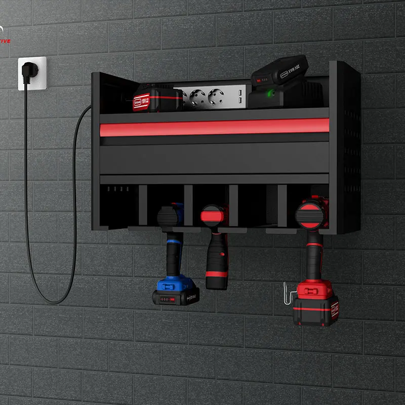 Winmax Black Spray-paint Power Tool Storage Wall Mount Shelf with socket