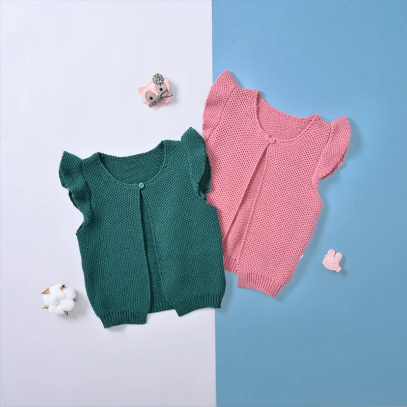
2021 OEM Baby Cotton Little Girls Ruffle Sleeveless solid Color cute knitted Sweater Vest 