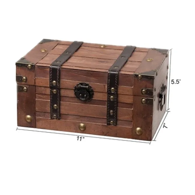 Прямоугольный античный коричневый деревянный ящик для сокровищ/чехол с ремнями