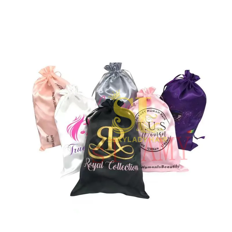 bundle hair packaging bags Hair Extension Silk Drawstring Bag Satin Bags With Tassel with Logo