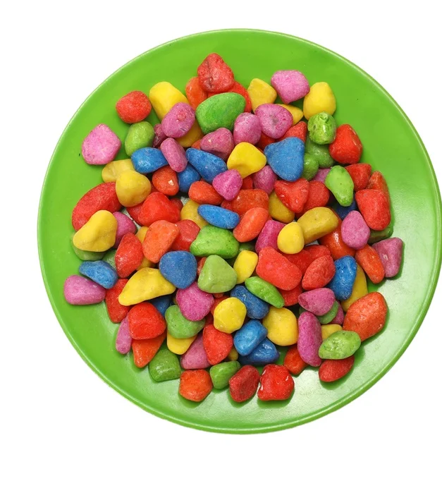 The colorful polished gravel and pebbles make up the aquarium