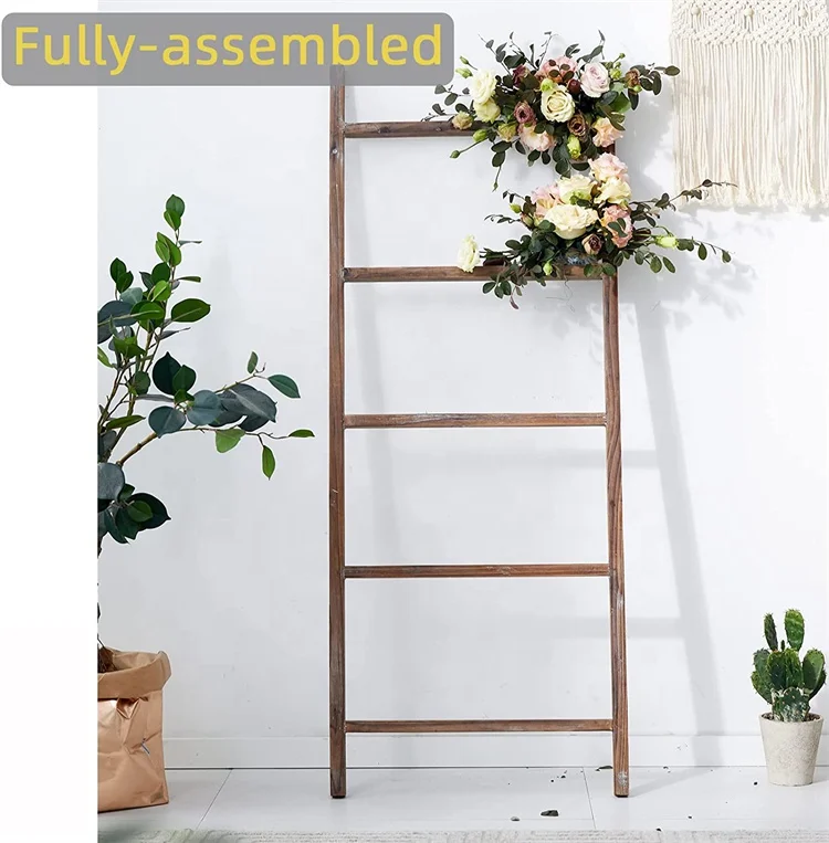 ARTMADE Wood Blanket Ladder Wall-Leaning Non-Folding Blanket Ladder Rustic Farmhouse Wooden Ladder Decor Shelf