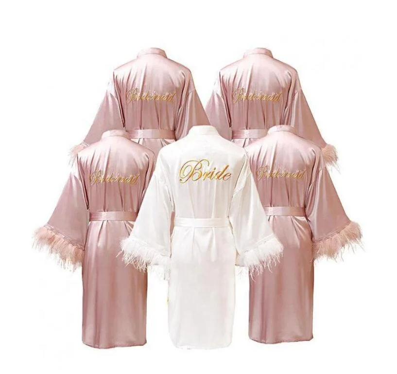 Personalized Ladies Bridal Party Feather Pajamas Wedding Robes for Bride Bridesmaids