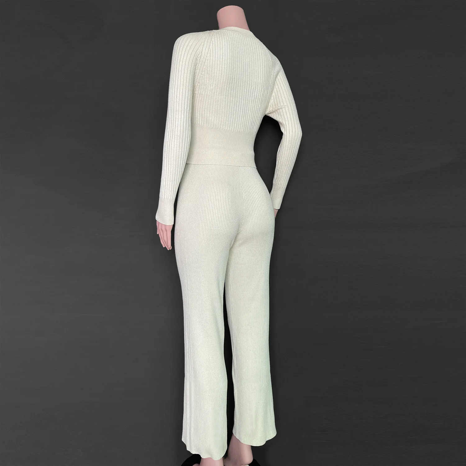 New Arrival High Quality Long Sleeve Wide Leg Knitted Ribbed Two Piece Lounge Wear For Women 6