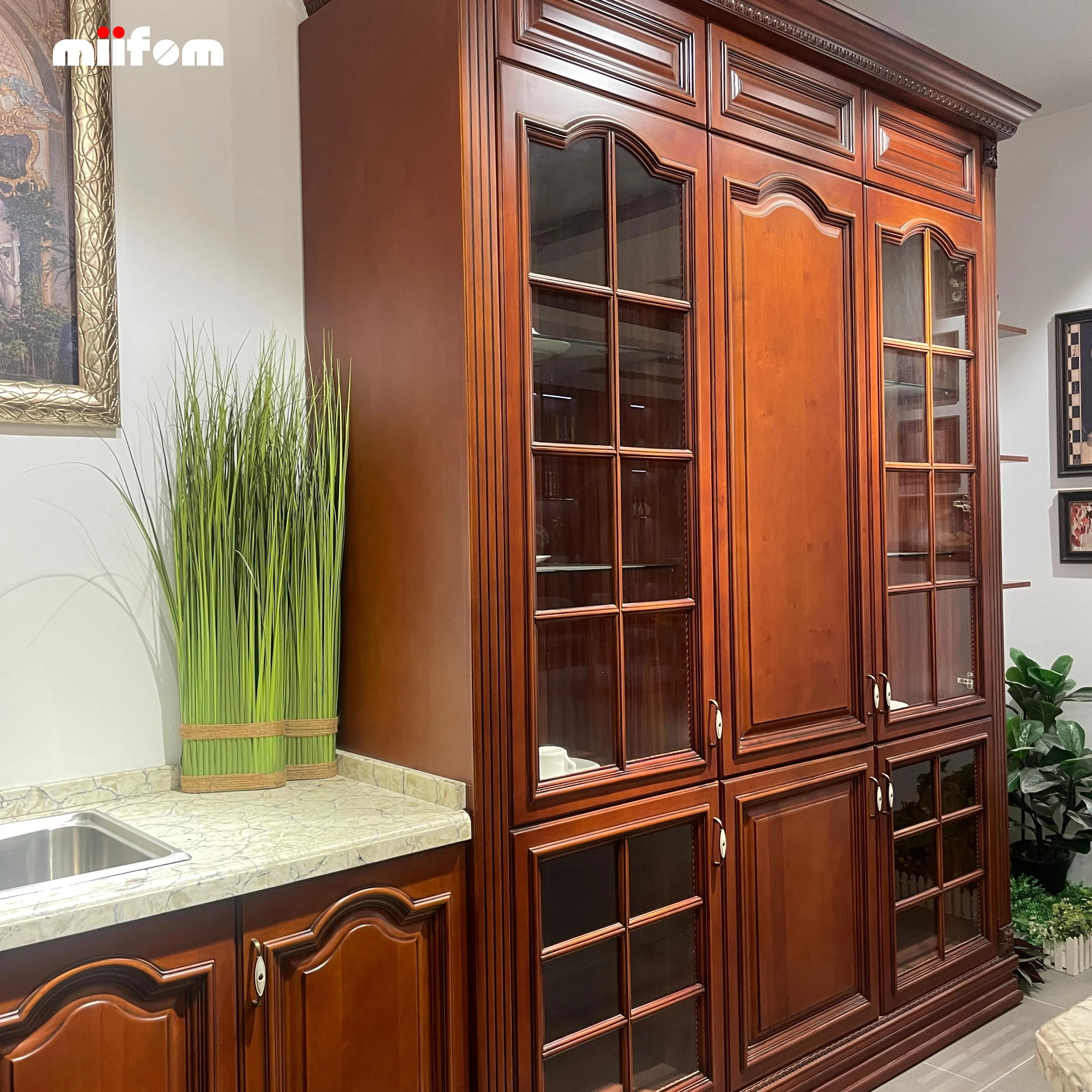 Vintage style red solid wood painted furniture, kitchen cabinets with irregular arcs