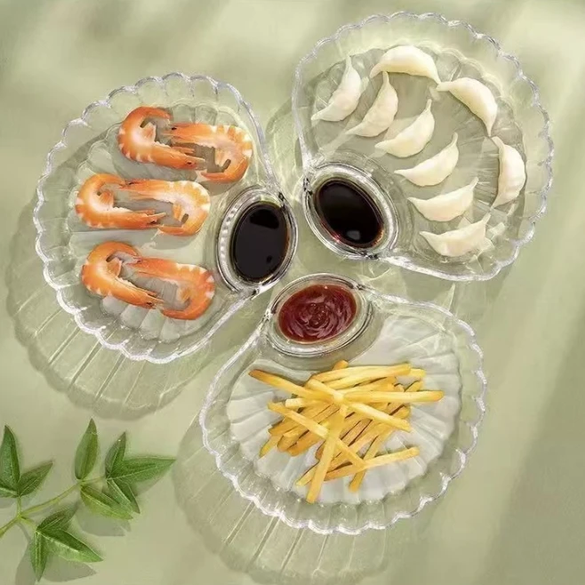 Household Creative Dipping Compartment Plate Transparent Glass Shell Shape Sushi Plate