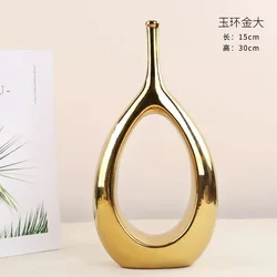 2023 Cross-border exclusive gold silver black jade ring ceramic vase decoration modern simple fashion hollow oval vase