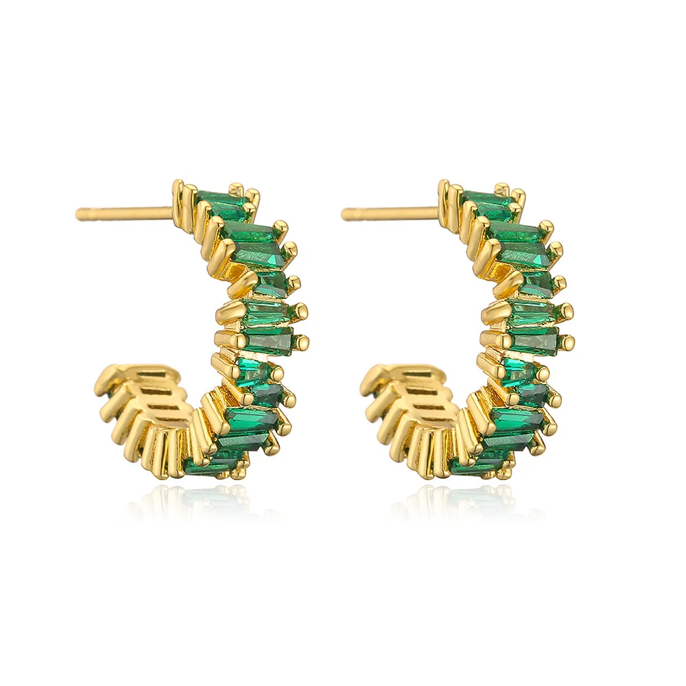 New Products Designer Ins Light Luxury Gold-Plated Zircon C-Shaped Hoop Earrings Shining Green Crystal Cz Zircon Earrings