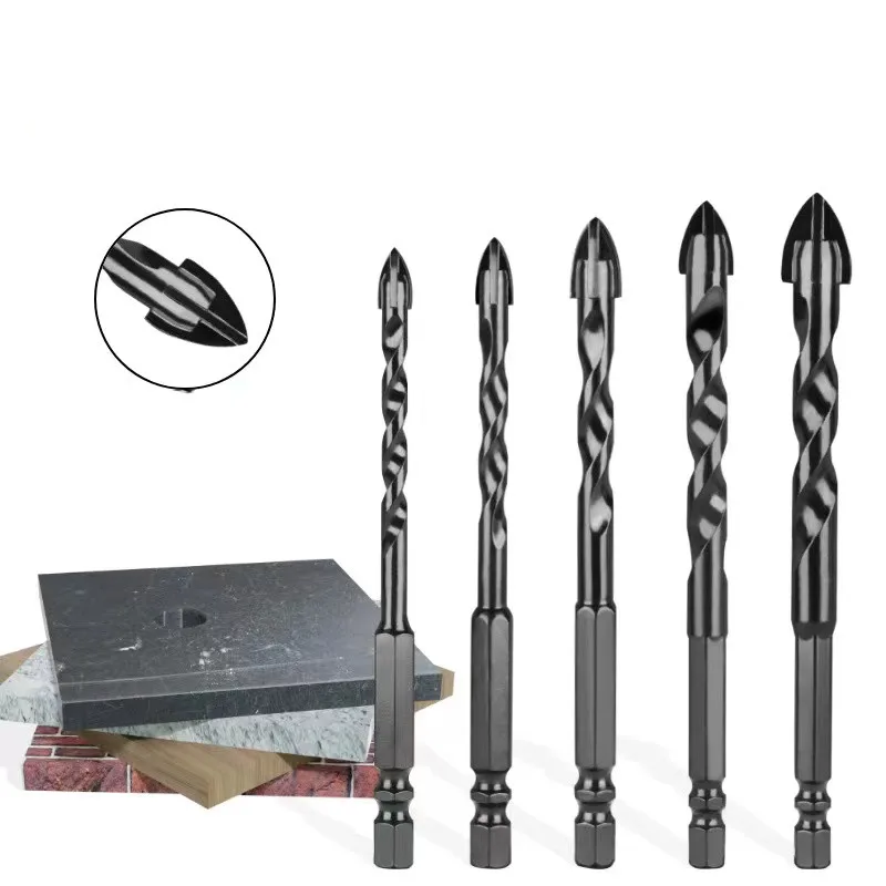 Hex Shank Cross Carbide Tip Glass Drill Bit Twist Flutes for Glass Ceramic Porcelain Tile Drilling for Power Tools