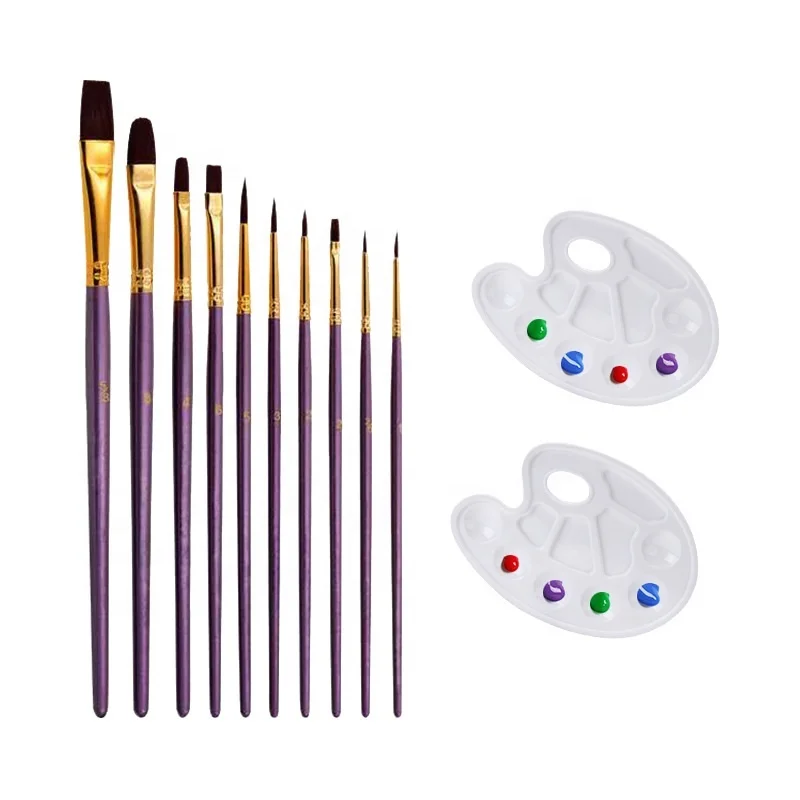 Набор художественных кистей для рисования, набор нейлоновых кистей с круглым заостренным наконечником, с 2 лотками, для детей и взрослых, 10 шт.