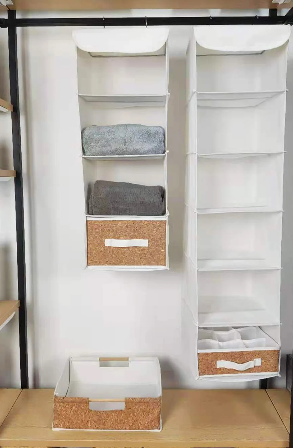 4 Shelves Fabric Wardrobe Storage Holder Hanging Closet Organizer With  metal handles a Drawer Box