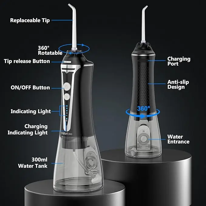 h2ofloss 2500mAh Cordless Dental Oral Irrigator Portable IPX7 Water Flosser with 300ML Teeth Cleaner