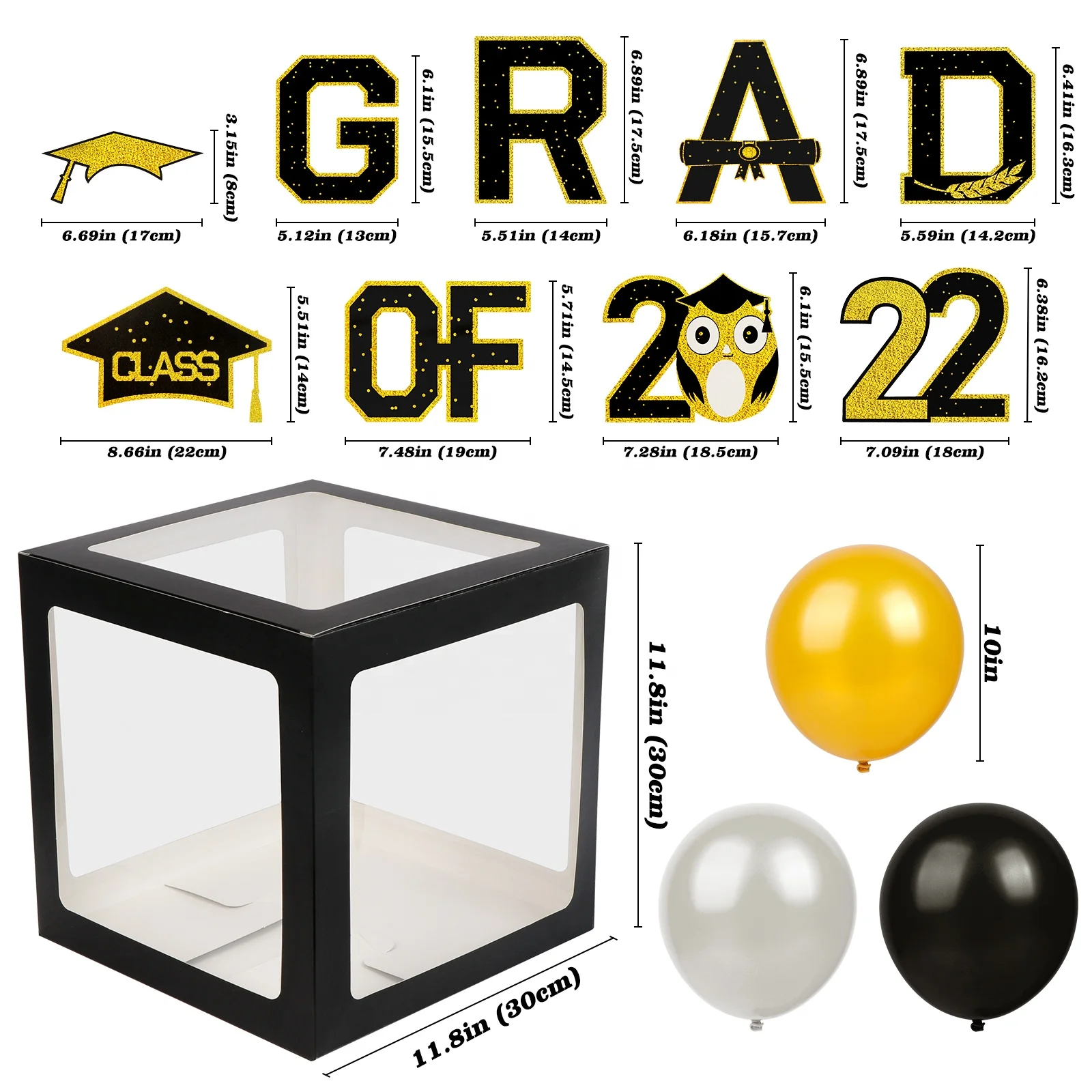 Ourwarm Custom Graduation Party Supplies Gifts Sets Black Gold Blocks Decoration Graduation Balloon Boxes with Led