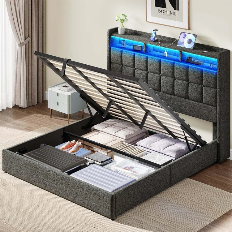 Lift Up Queen Full King Size Tufted Mattress Foundation Upholstered LED Platform Storage Bed Frame Cama Bett w/Charging Station