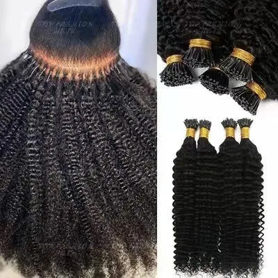 Mongolian Afro Kinky Curly Bundles Microlinks Hair Extensions Bulk Virgin Hair 3B 3C I tip Human Hair Extensions Black For Women