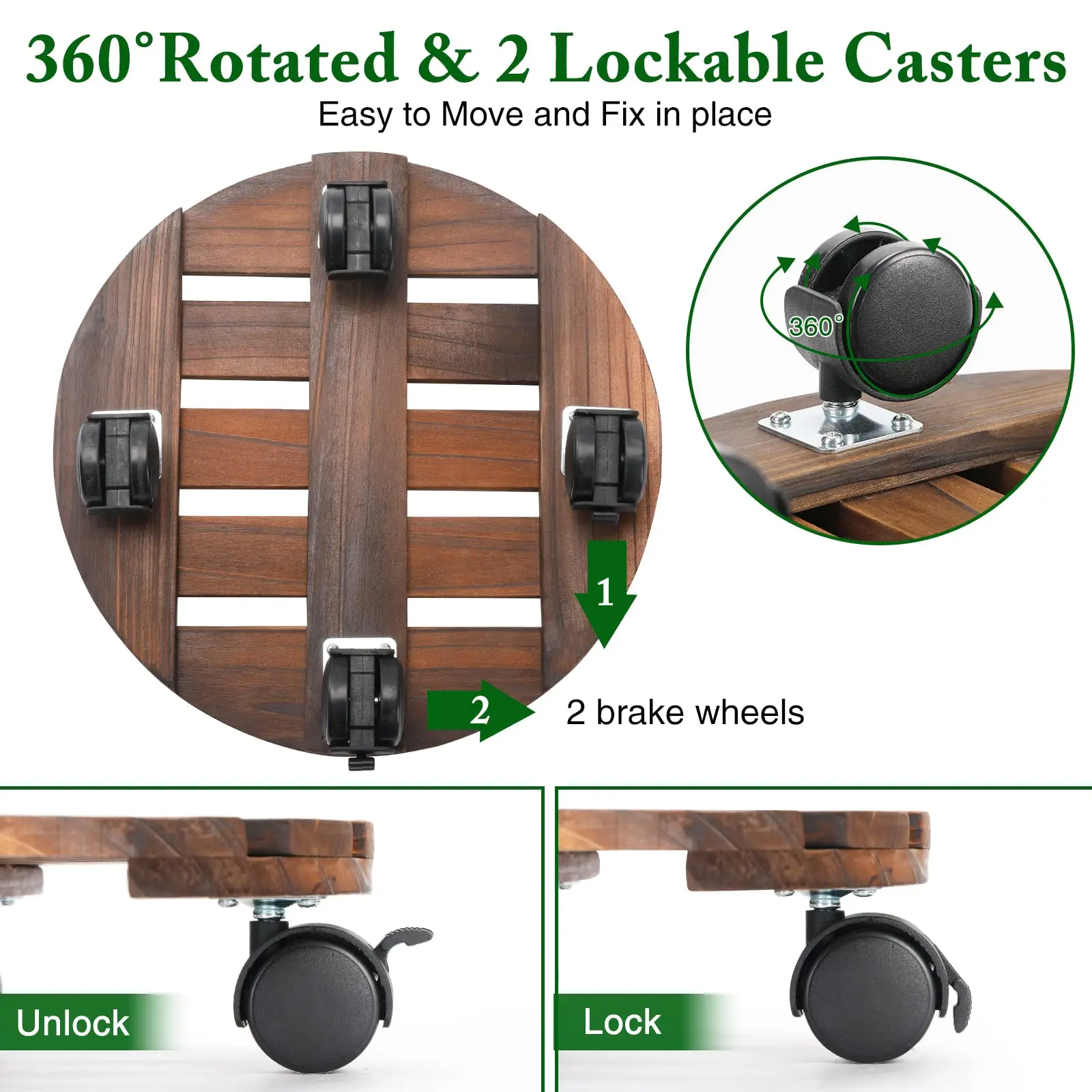 Plant Caddy with Lockable Wheels, Rolling Plant Stand 12 Inch Wooden, Plant Roller Base 150 lb Heavy Duty, 2 Packs Plant Dolly