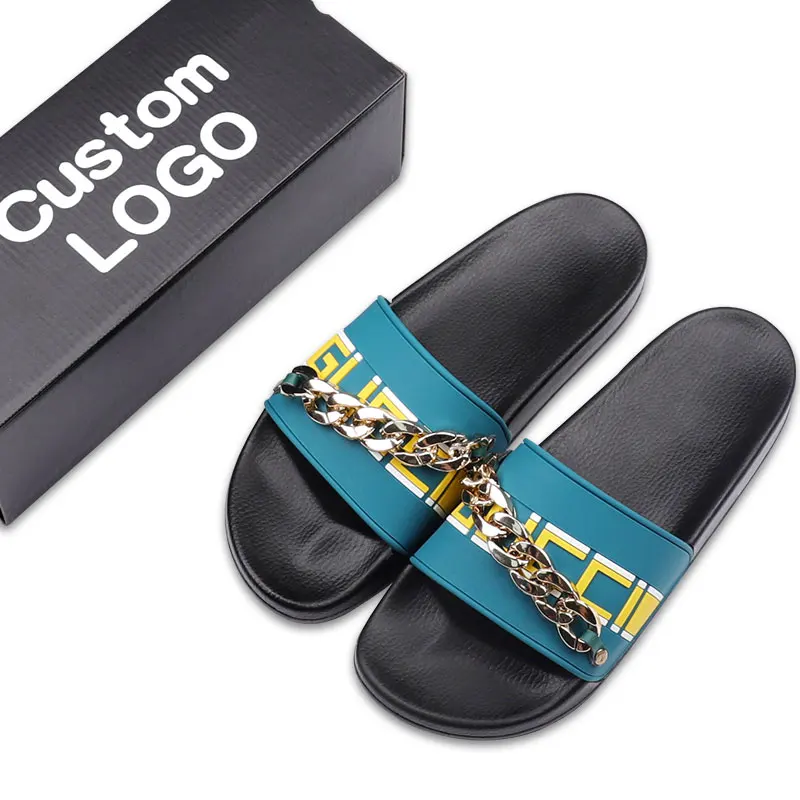 Big Golden Chain Wholesale Oem Custom Small Moq Slide Slippers Slides Custom Logo Luxury Rubber 3d Custom Slides