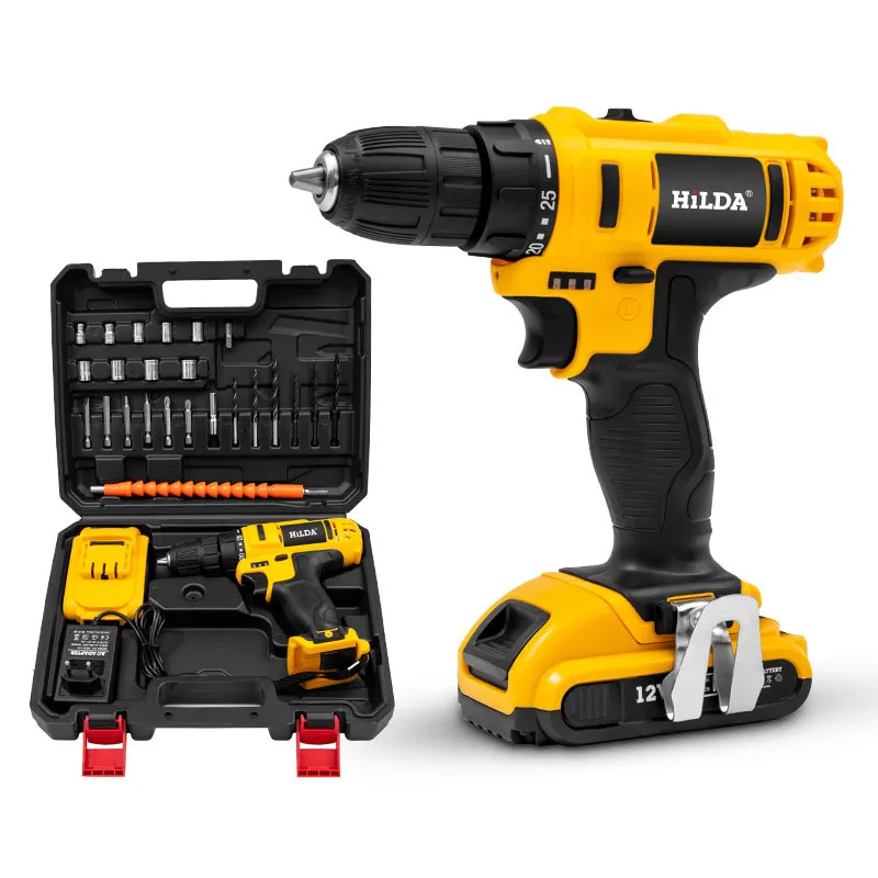Yellow Portable Multifunctional Cordless Impact Drill Kits Home Rechargeable Electric Screwdriver Set With 21V Lithium Battery
