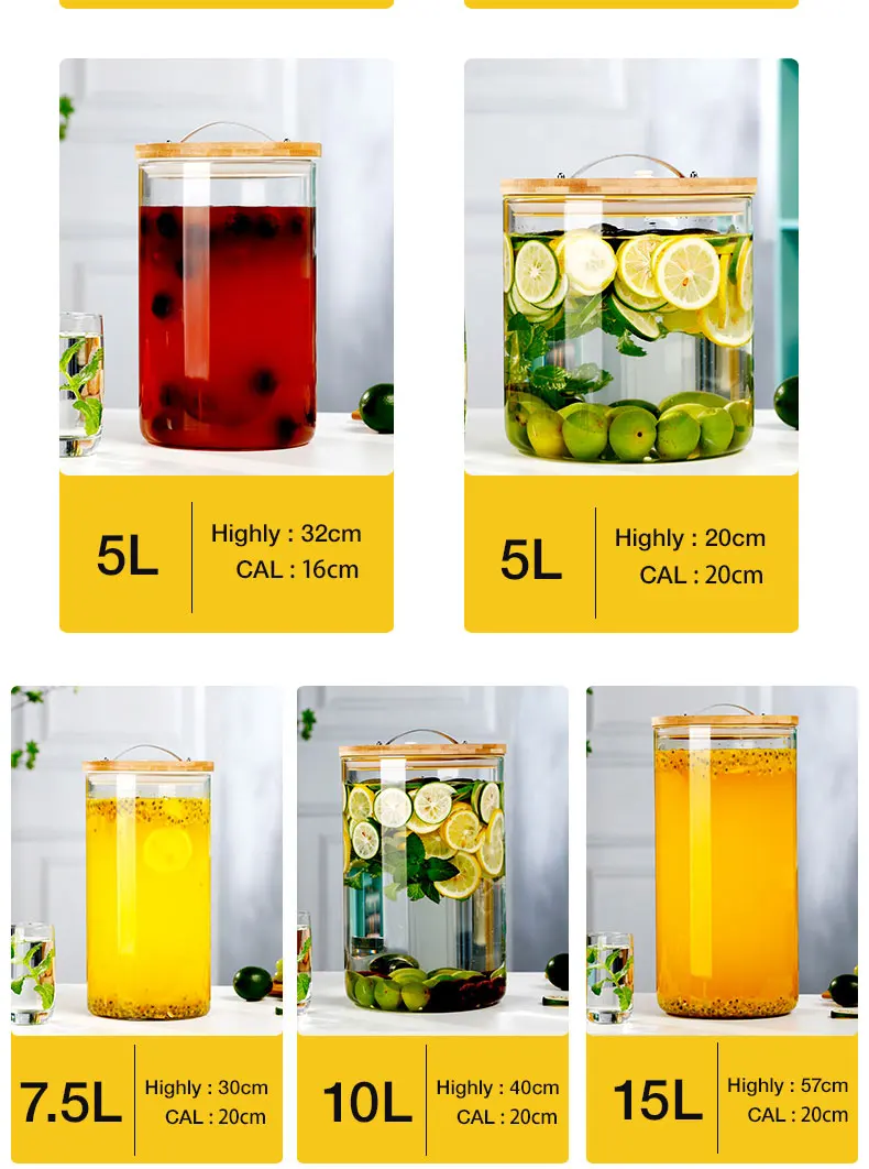 Customized 5/8/11L high borosilicate Glass Large capacity Beverage Dispenser with Wooden lid multifunctional glass jar