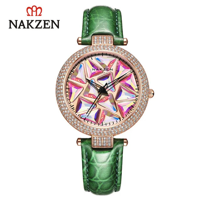 NAKZEN 4228 Роскошные зеленые кварцевые часы для девушек Костюм из ПУ кожи ремешок водонепроницаемый сделано в КНР супер тонкий повседневный комплект часов