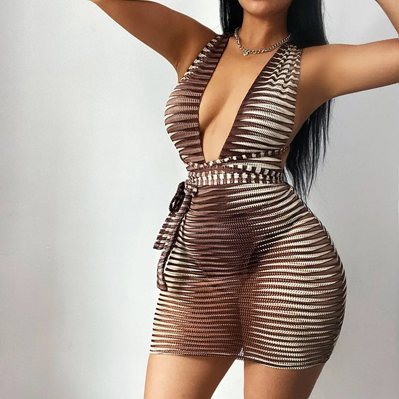 YIWU ZHUOYI High quality colorful striped slim sexy halter cross halterneck suspender short dress