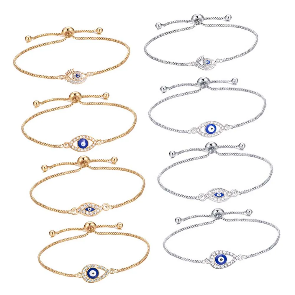 20 Design 18k Gold Plated Box Chain Crystal Eye Shape Blue Enamel Evil Eye Adjustable Bracelet Turkish Lucky Evil Eye Bracelets
