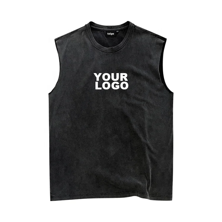 Wholesale 100% cotton screen printing crewneck streetwear acid wash black sleeveless tank tops for men