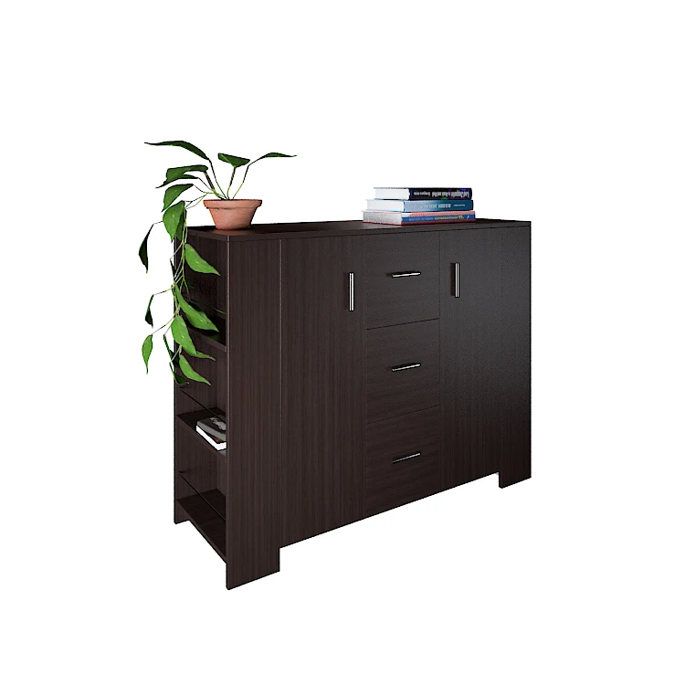 Modern Black Display Cabinet Sideboard Cupboard with 5 Drawers in Dining room bookshelves on both sides