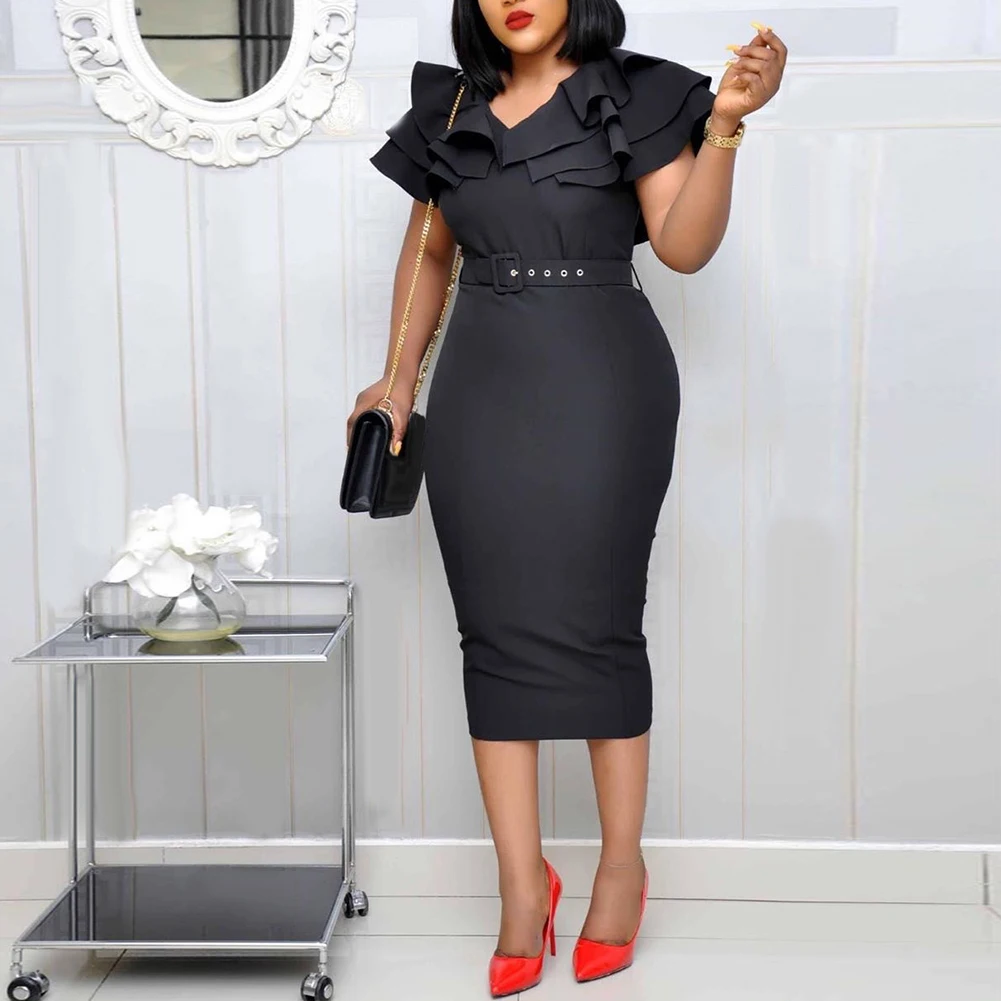 Модные женские платья, лето 2022, однотонное женское платье с V-образным вырезом, Короткое облегающее платье миди с оборками на рукавах и поясом, новинка, платья, платье