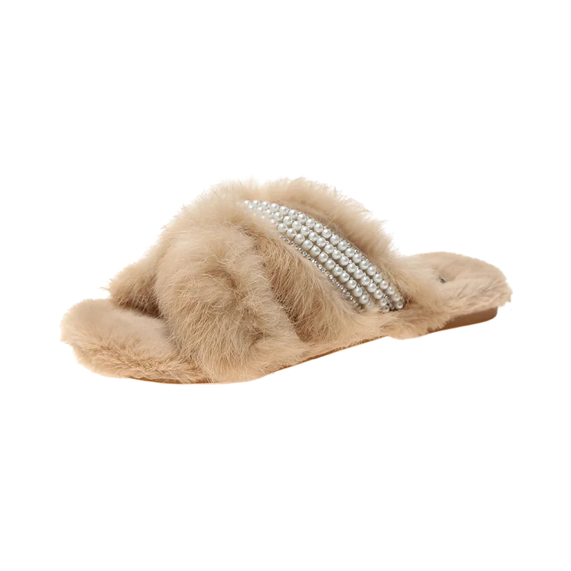 Pearl and  rhinestone flat fur slippers for women