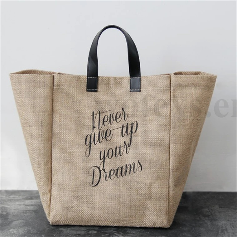 BJ0062 Wholesale Fashion Women Beach Tote Bag BurlapTote Bag leather handles jute tote