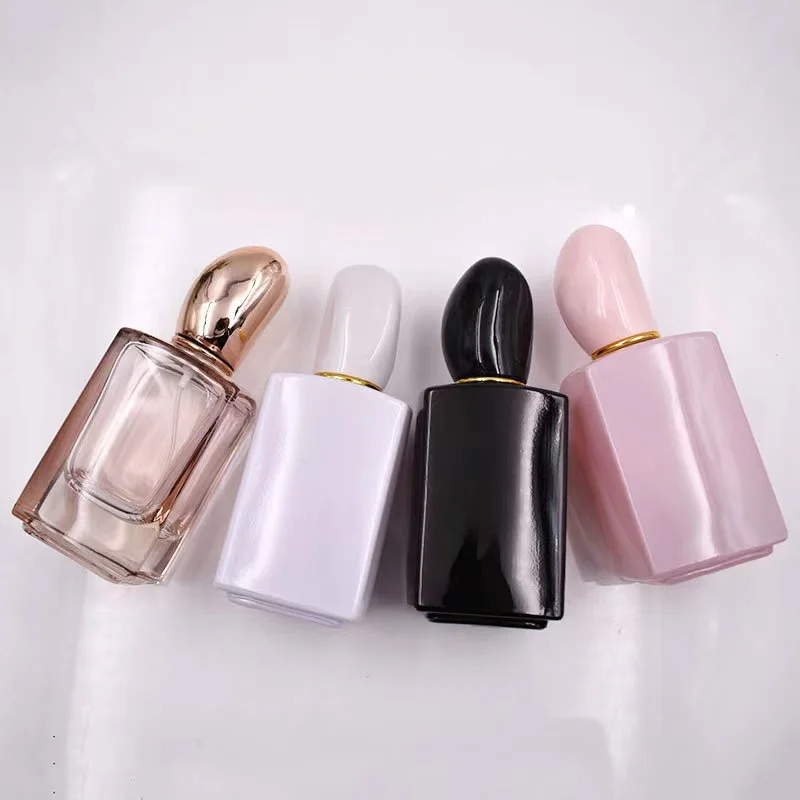 LOW MOQ Rectangle 30ML/50ML thick bottom orange colored perfume bottle with fancy lid