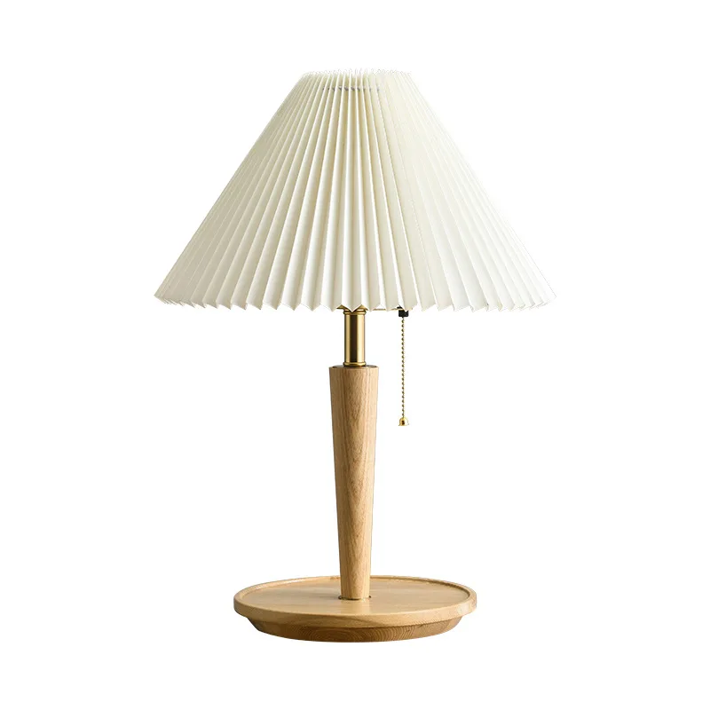 Walnut Solid Wood Table Light Simple Pleated Table Lamps Vintage Bedroom  Nordic Pull Switch Vertical LED Light
