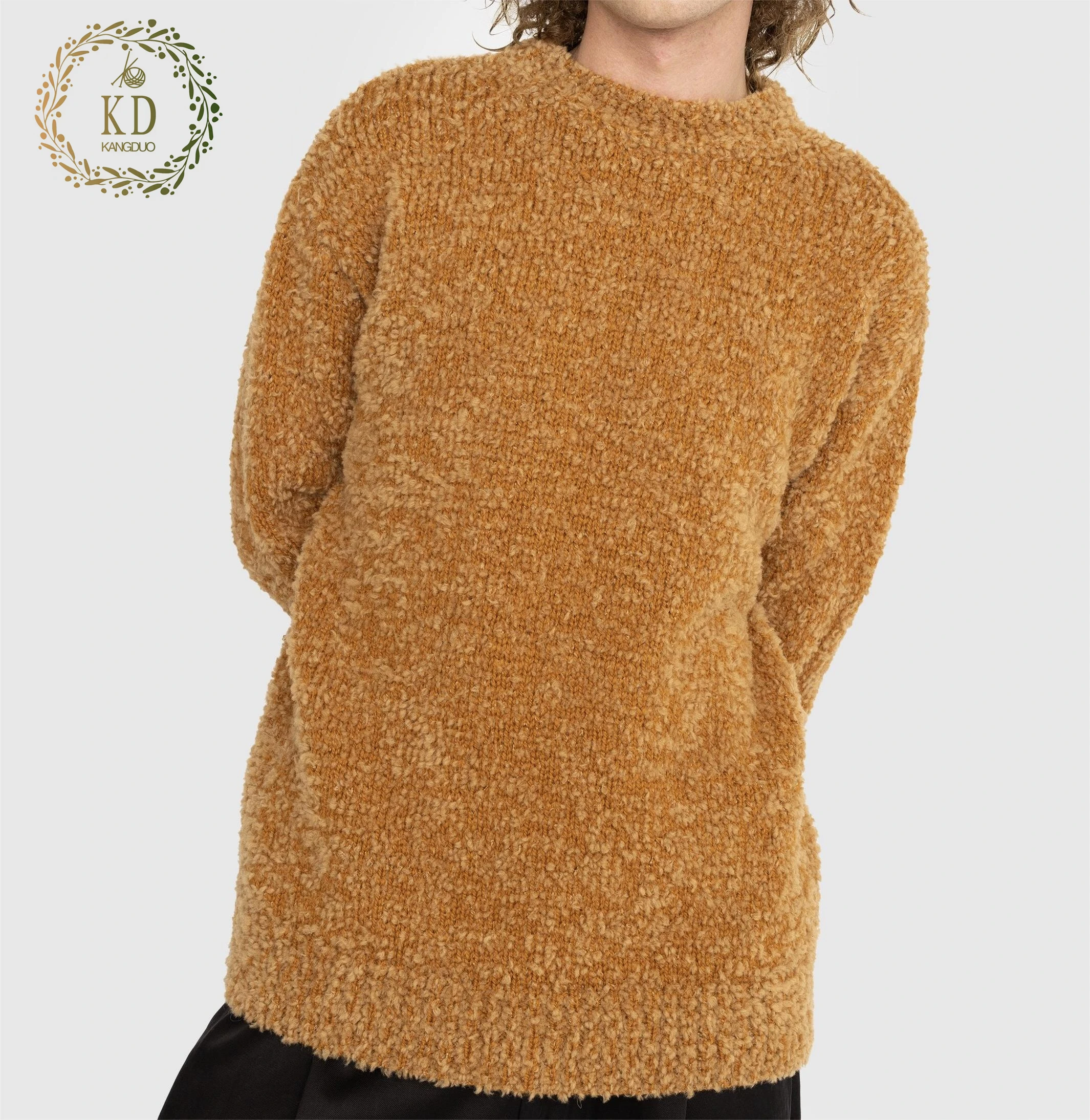 KD Knitwear Manufacturer Custom OEM ODM Designer Long Sleeves Crew Neck Pullover Boucle Yarn Knit Wool Blend Men Sweater