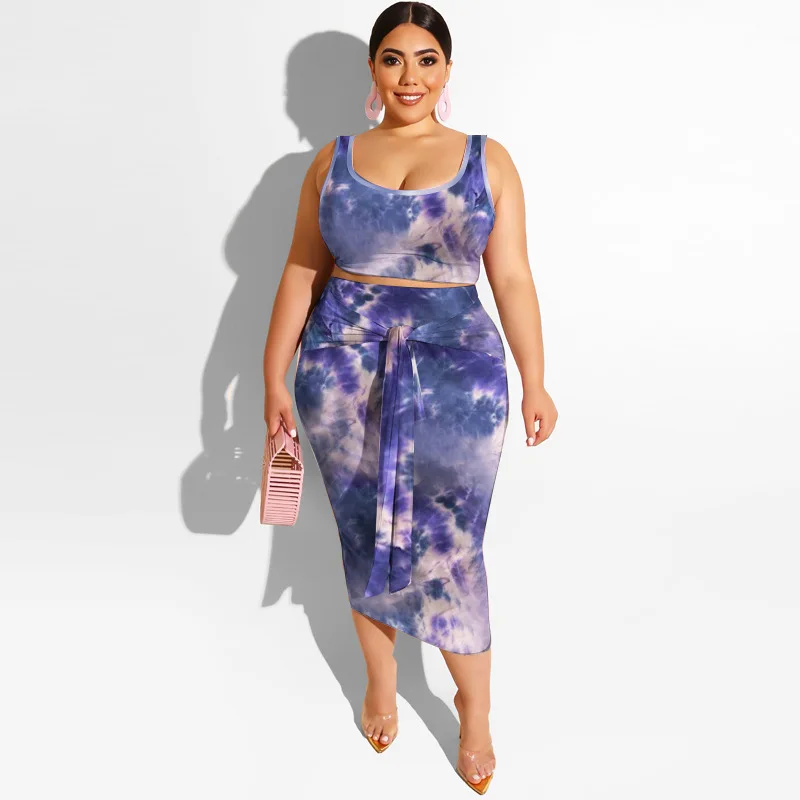 Women Plus Size Boob Tube Sexy Top Dress Hip Lifting Tie-dye Color Two Piece Set Outfits Women Long Maxi Dress