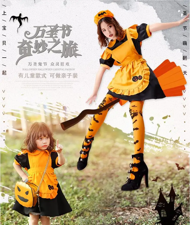 Halloween dress cosplay clothes mother and daughter Costume for Birthday Christmas party Pumpkin maid dress