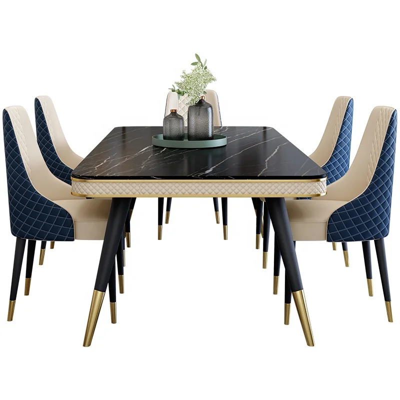 model home furniture marble dining table set Luxury Golden Stainless steel frame marble dining table 6 set  home  furniture