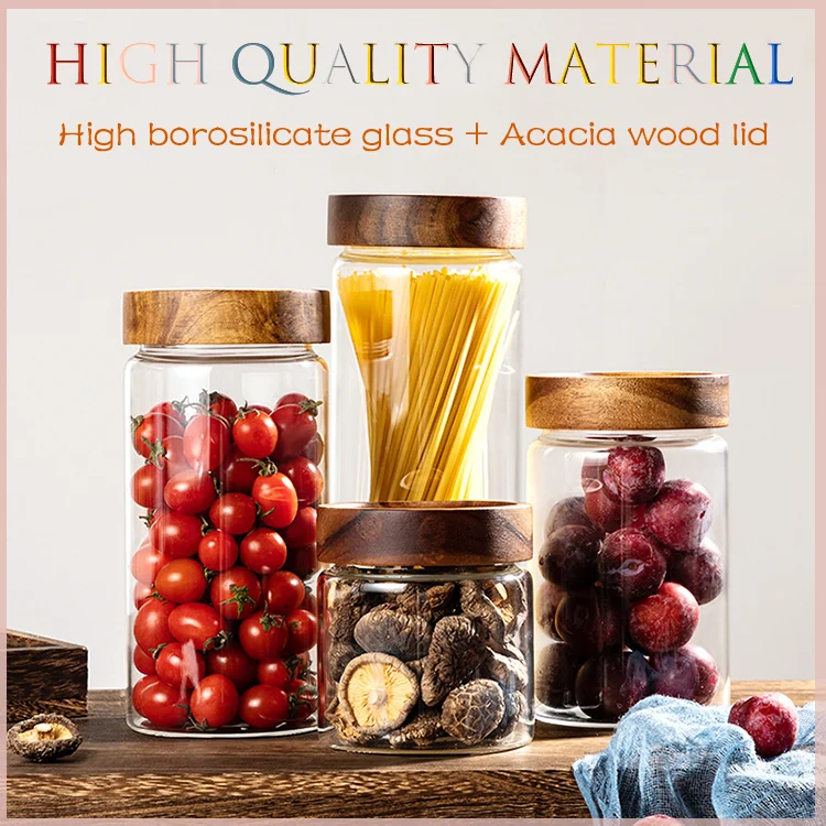 2024 New Arrivals Glass Sealed Jar Acacia Wood Lid Jar Storage Jar For Tangerine Peel Kitchen Storage Food Tea
