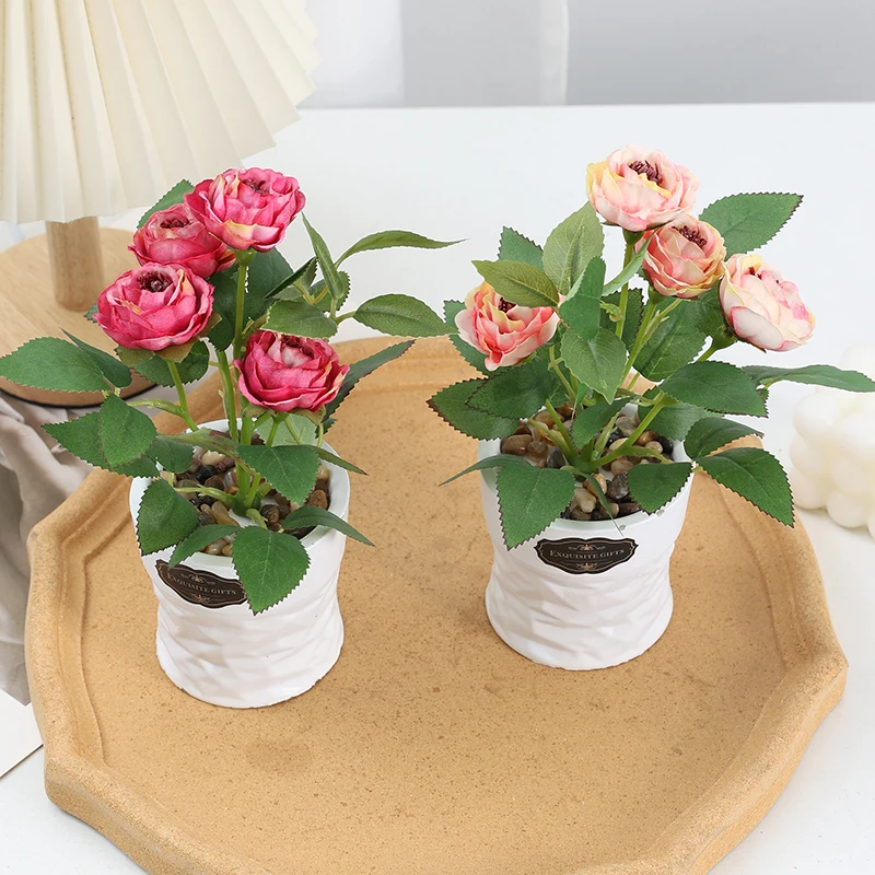 Wholesale Price Artificial Plant Camellia Flower Plant Pot Bonsai  Home Indoor Desk Office Plant Wedding Decoration
