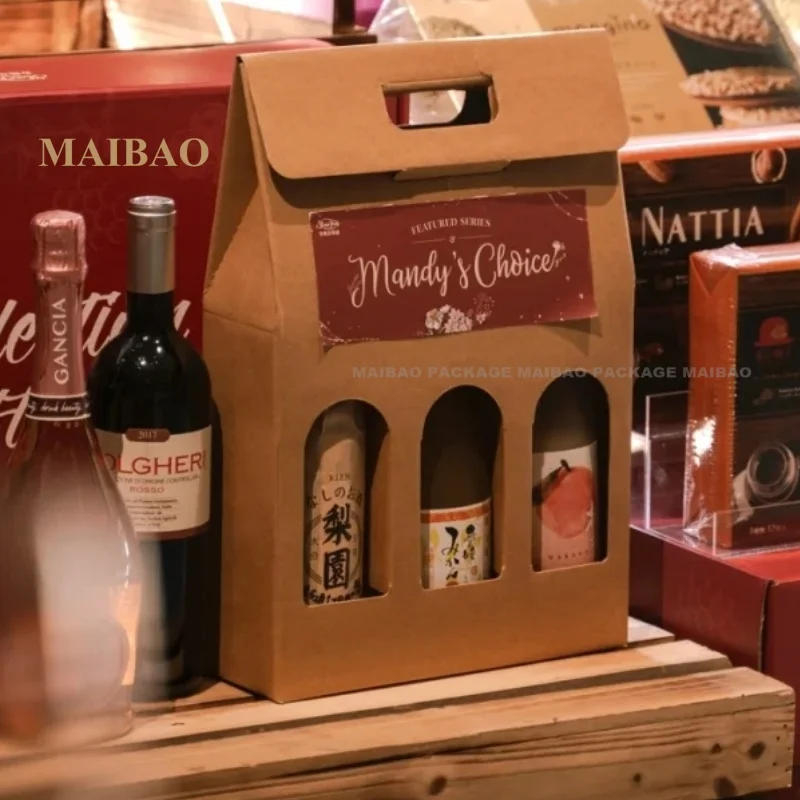 Fashionable Brown Paper Wine Gift Bag Custom Logo Die-cut Handle And Window For Red Wine Packaging Box -