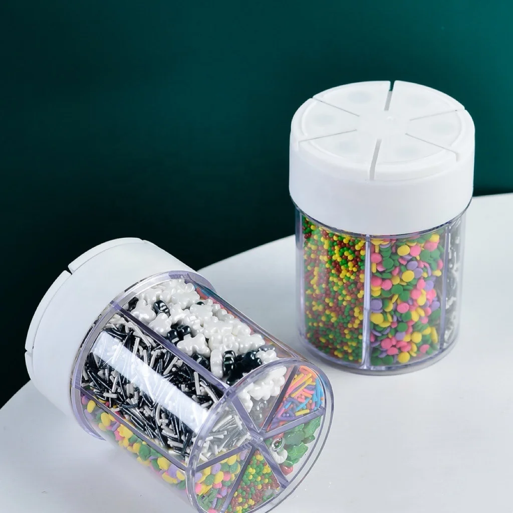 Small 6 cells Colors Sugar Sprinkles Plastic Spice Bottle 6 in 1 Compartment Jar Medley Baking chamber shaker