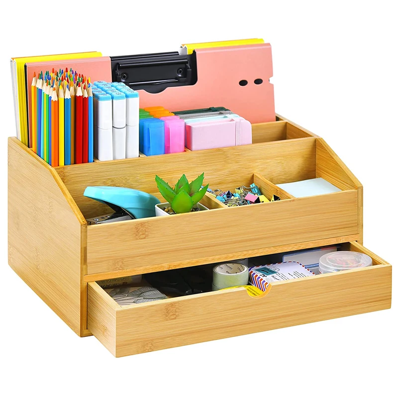 9 Compartments Storage Caddy Bamboo desk organizer with drawer  for Home Office Supplies
