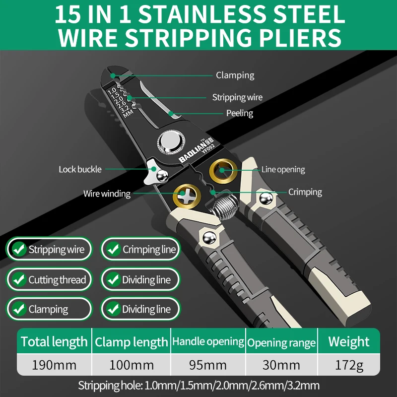 15 in 1 Multifunctional Wire Plier Stripper Crimper Cable Cutter Professional Manual Crimping Tools for Stripping Cutting Cables