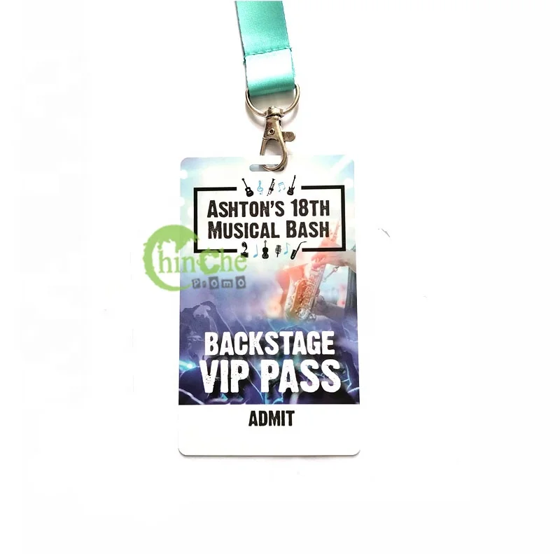 Laminated Custom Hard Plastic wedding VIP pass badge with full color lanyard