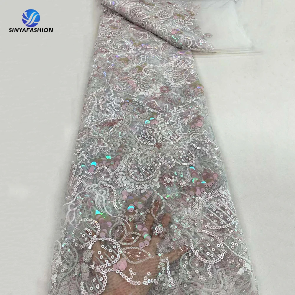 Sinya French Mesh Lace Fabric Embroidery Sequins Net Lace Large Shinning Glitter Fabric Luxury Dresses Women Elegant