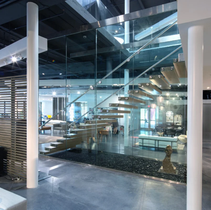 Hidden stringer staircase modern wood glass floating staircase